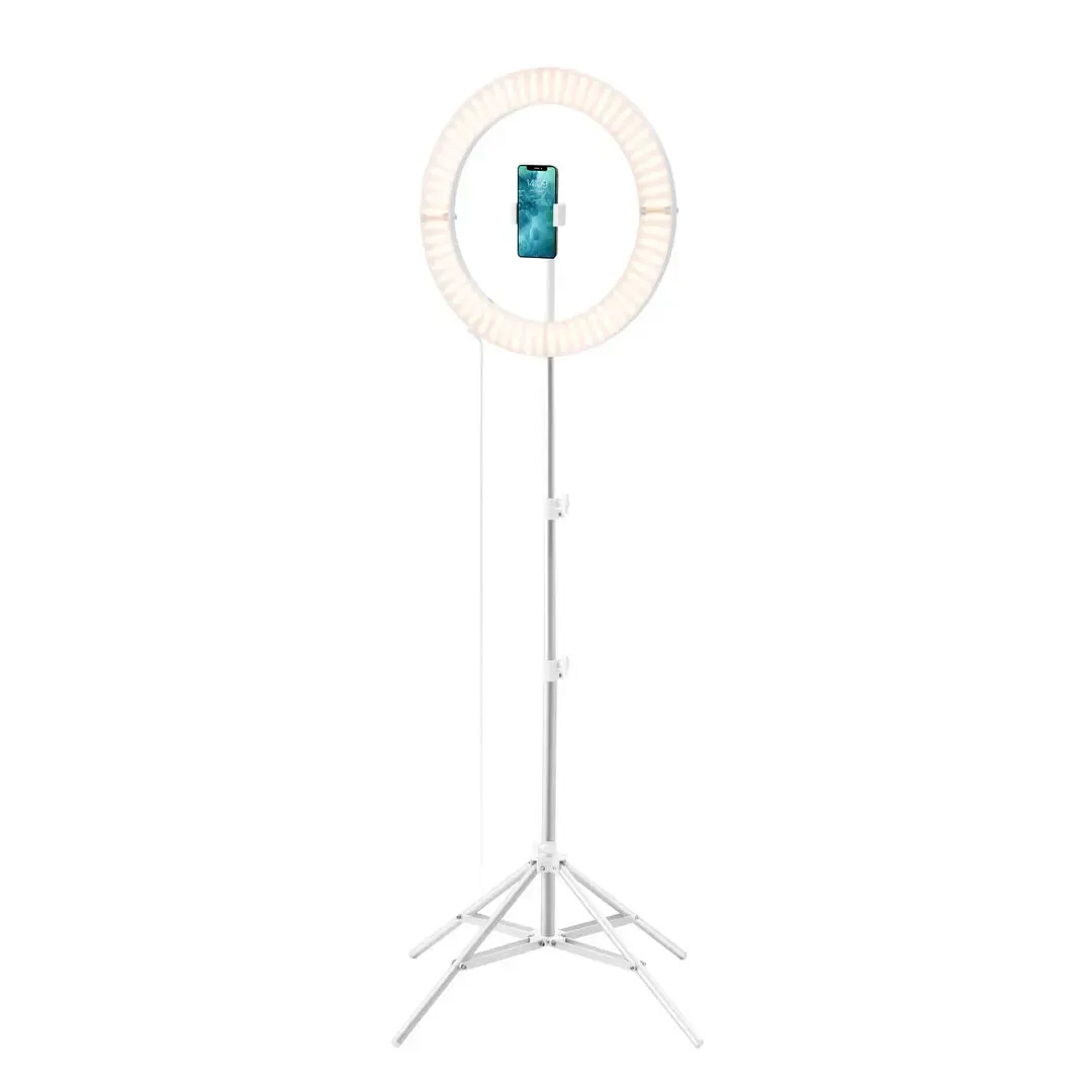 GALILEO in White / Silver, open on its stand, a phone in the center