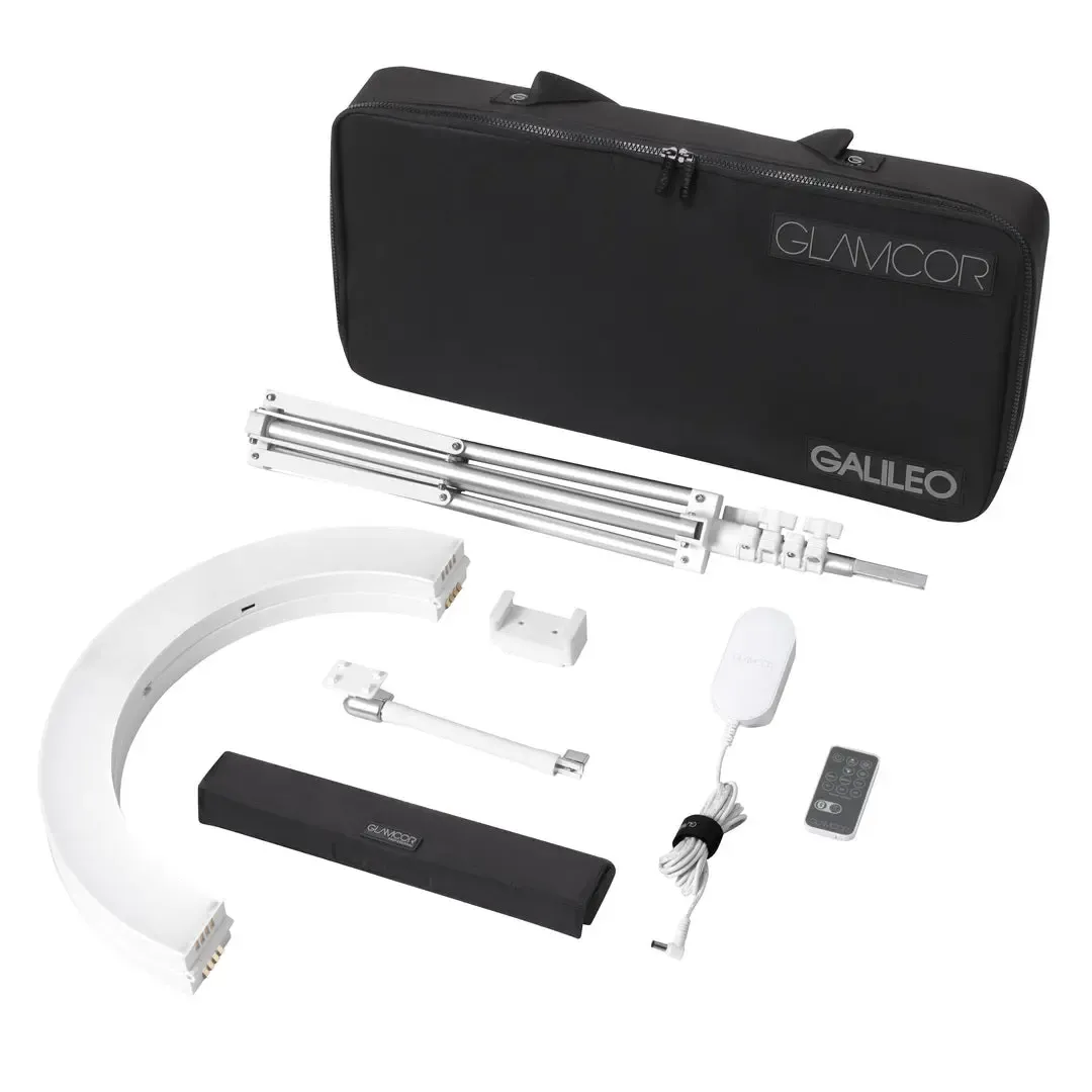 The GALILEO Pro Kit laid out: ring, stand, remote, and case